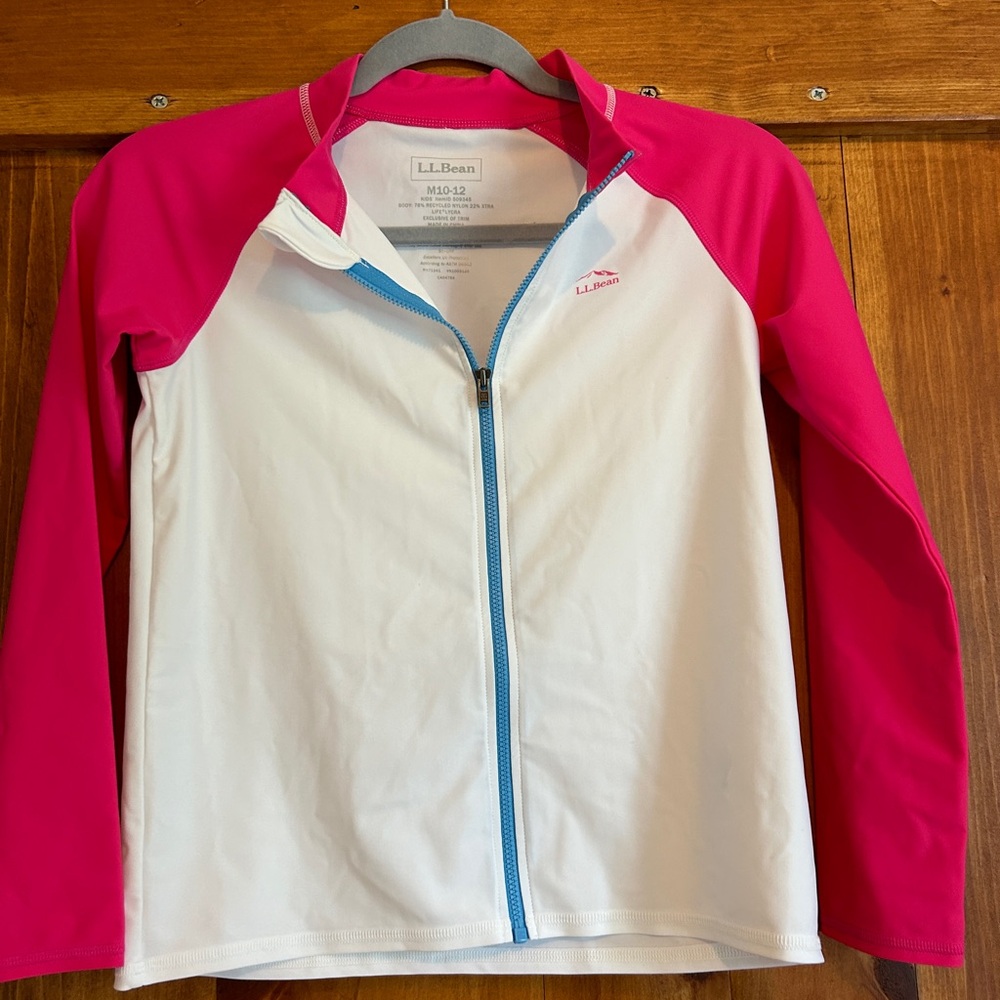 L.L.Bean-Girls  Zip up Sun Jacket, White,  trimmed in pink.Medium 10/12